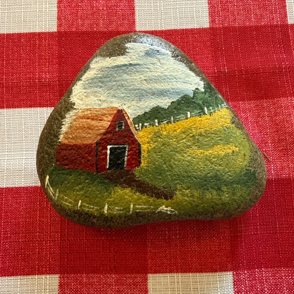 Hand painted barn scenery rock. Rock collector.